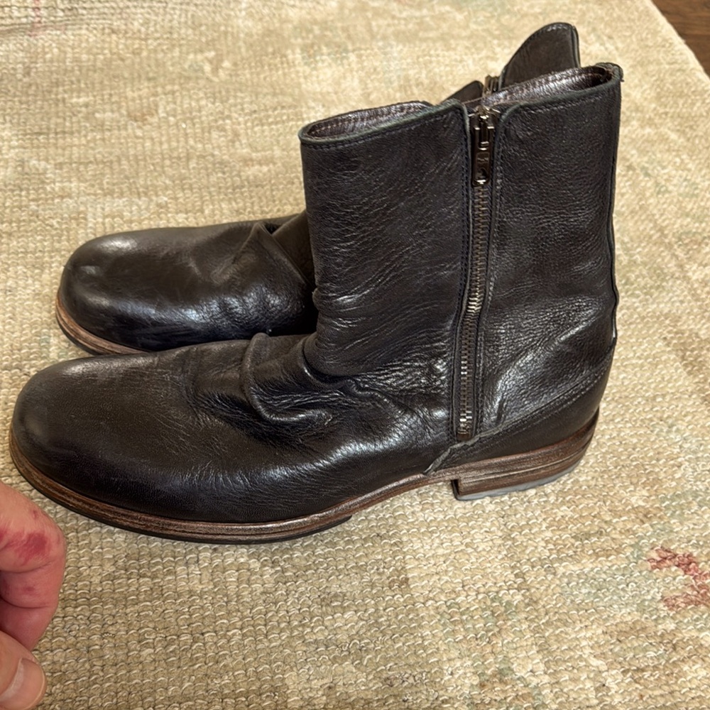 Black Leather Combat Boots with Side Zipper